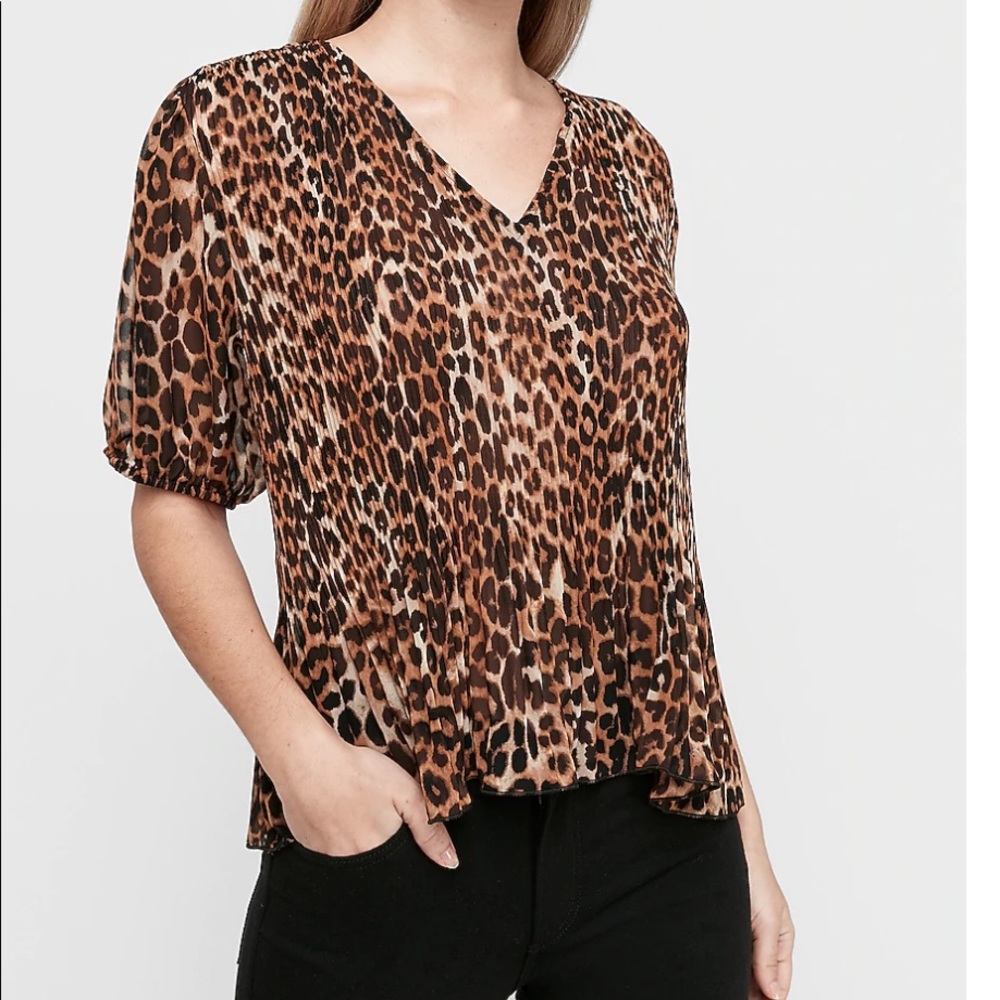 Express Leopard Print Pleated Puff Sleeve Top